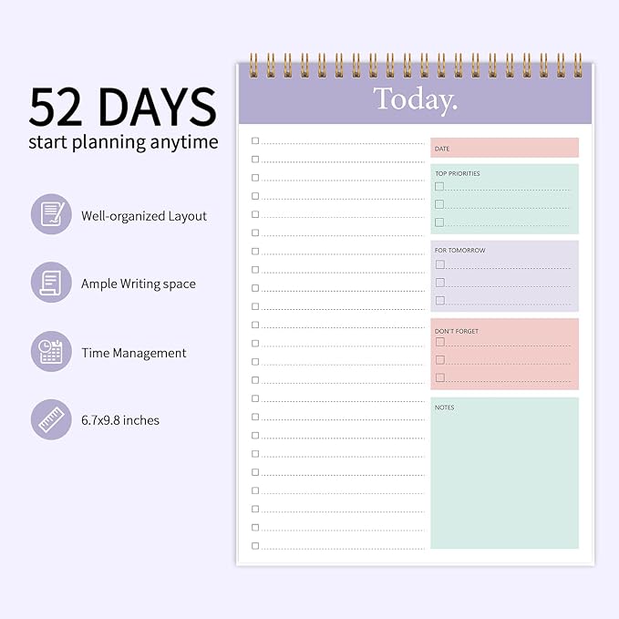 KMQOY To Do List Notepad - Daily Planner Pad Undated 52 Sheets Spiral Today Planner Note Pad Premium Thick Paper 6.5" x 9.8" For Work and Personal Organized - purple