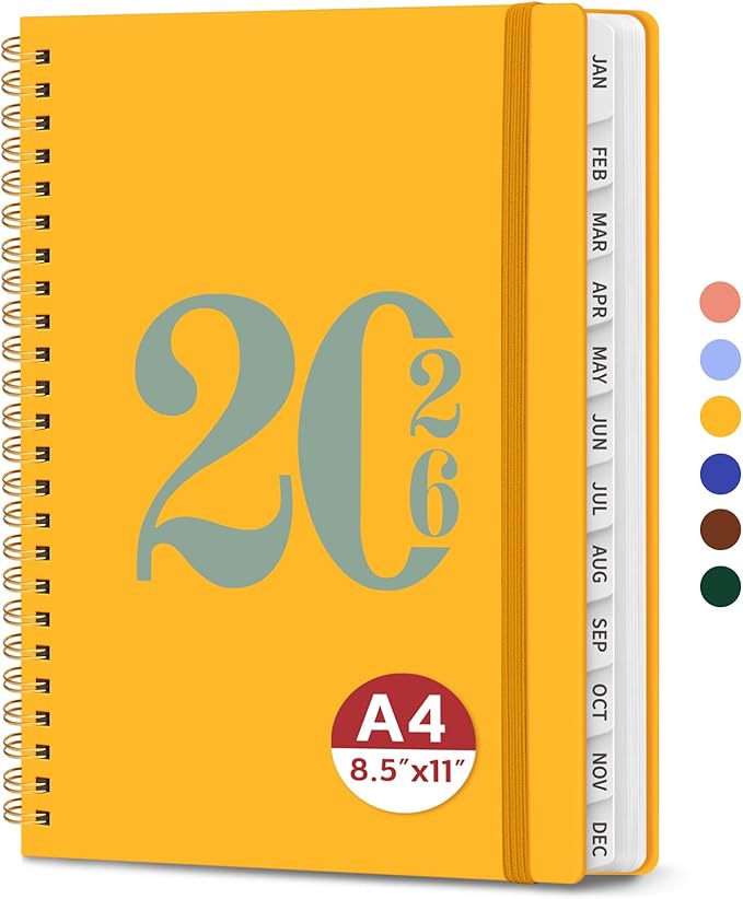 2026 Planner, Weekly and Monthly Calender Planner, Jan 2026 to Dec 2026, Hardcover 2026 Calendar Book with Tabs & Inner Pocket, Office Home School Supplies for Women & Men - A4 (8.5" x 11"), Yellow