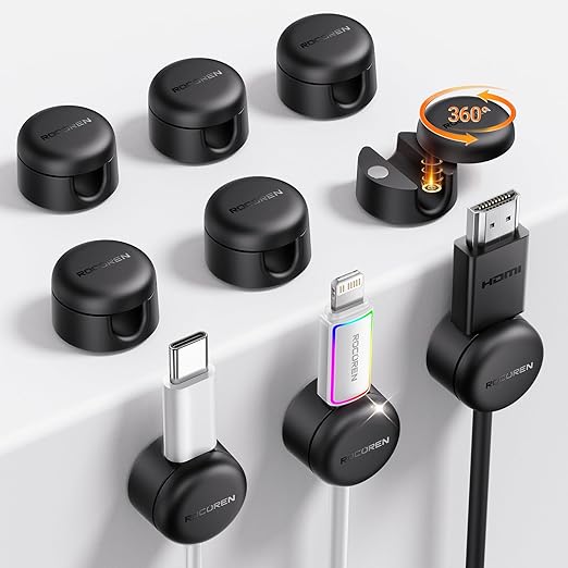 Rocoren 9 Pack Cable Clips [Upgraded], Magnetic 360° Rotatable Cord Holder, Adhesive Cable Management Organizer, Wire Keeper for Nightstand Desk Car Home Office Accessories