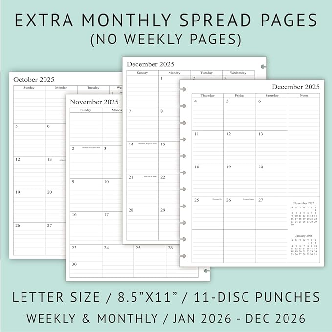 2026 Weekly Planner Refills for 11-Discbound Notebooks, Monthly Tabs, 11-Disc Punches, Letter Size, 8-1/2" x 11"