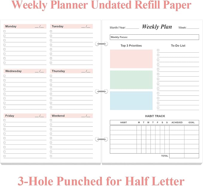 Half Letter Size Weekly Planner Refills for 3 Ring Mini Binders - 53 Sheets/106 Pages Undated Colorful Weekly Planner, 100 gsm White Paper, Lasts 1 Year, Undated, 5.8" x 8.3"