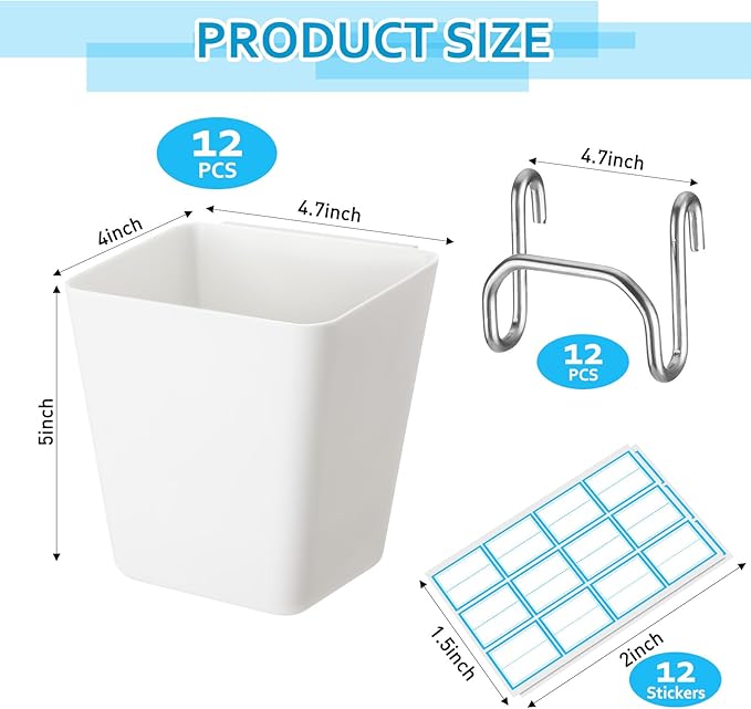 6 Pack Large Gridwall Cups Gridwall Storage Bin with Hooks Hanging Baskets Square Box Shape Hanging Cup Holder Gridwall Accessories for Garage Workbench Office Playroom Home Kitchen(White)