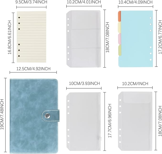 FYY A6 Binder Refillable Planner Notebook 6 Ring PU Leather Binder Journal with Pockets, Dividers, Refill Paper Blue