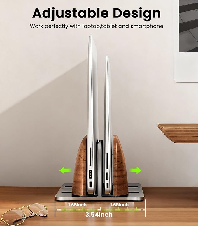 𝟮𝟬𝟮𝟲 𝗨𝗽𝗴𝗿𝗮𝗱𝗲𝗱 Aluminum Vertical Laptop Stand, [Black Cedar Wood Dual-Slot], Desktop Adjustable MacBook Stand, Adjustable Base, for MacBook Pro/Air, (up to 17.3-inch Gaming laptops)