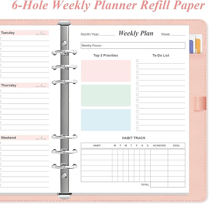 Weekly Planner Refills for A5 Binders - 53 Sheets/106 Pages Undated Colorful Weekly Planner, 6-Hole Punched, 100 gsm White Paper, Lasts 1 Year, Undated, 5.8" x 8.3"