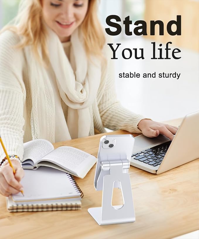 Cell Phone Stand for Desk- Adjustable Phone Stand Holder, Cradle, Dock, Desktop Stand for iPhone 17 16, 15, 14, Plus, Pro, Pro Max, 13 12 X XS,4-8" Phones, Office Accessories (Silver)