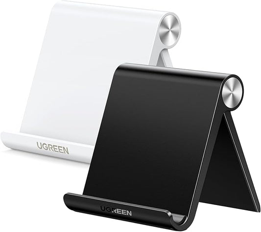 UGREEN Phone Stand 2 Pack Desk Cell Phone Holder Travel Compatible with iPhone 17 Air 16 Pro Max 15 Plus 14 Pro 13 12 Mini 11 SE XS XR, Portable Foldable Desktop iPhone Stand Adjustable, Black White