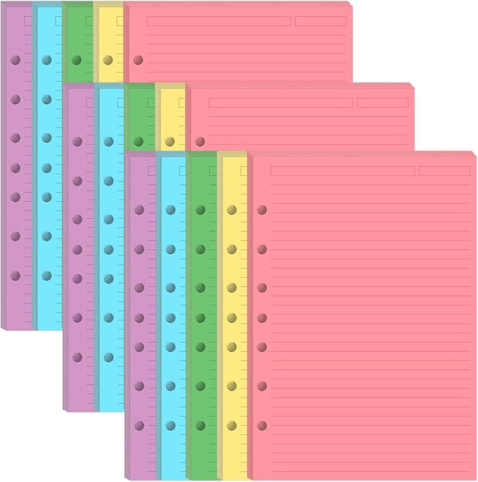 (3-Pack) Mini Binder 5 Colorful Line Paper for 3 or 7 Ring Binders - 300 Sheets/600 Pages Loose Leaf Paper Line Refills, Per Color 60 Sheets, Desk Size 4, 5.8" x 8.5"
