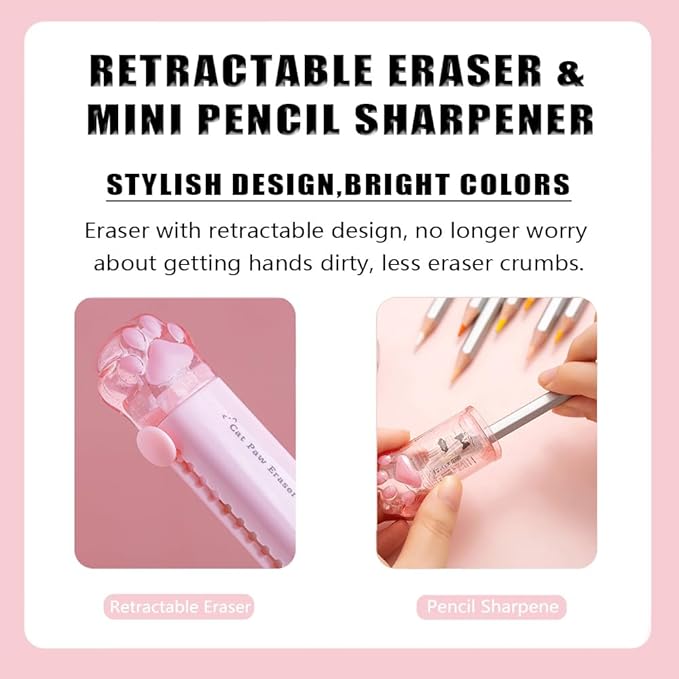 4Pcs Cute Stationery Set,Kawaii School Supplies,Including 2 Retractable Erasers and 2 Pencil Sharpeners, for Kawaii Office School Home Supplies(Eraser and 2Pcs)