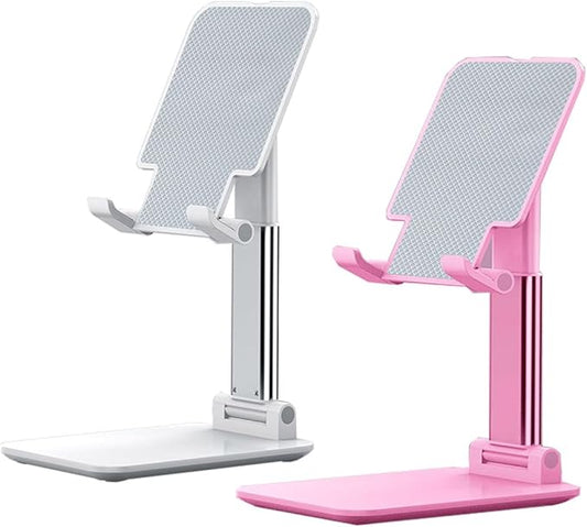 2 Pcs MT-6 Cell Phone Holder, Adjustable Angle and Height, Anti-Slip Silicone Pad, Foldable and Portable, Compatible with 4-8 Inch Devices(Pink+White)