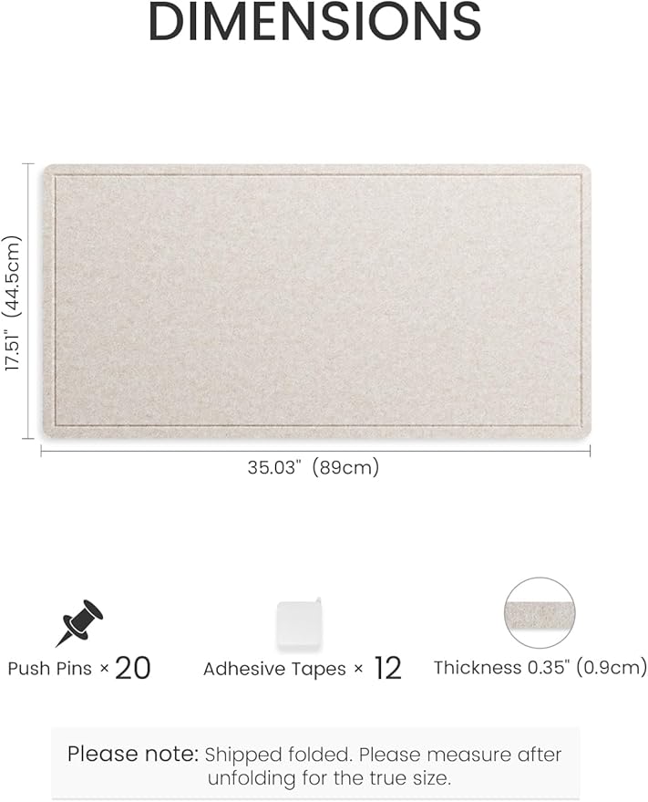 Fluxynara Bulletin Board, 35" x 17.5" Cork Board Alternative with 12 Safe Removable Adhesive Tabs, Foldable Felt Pin Board for Home Office, Classroom, Bedroom,Entryway for Walls— Oatmeal