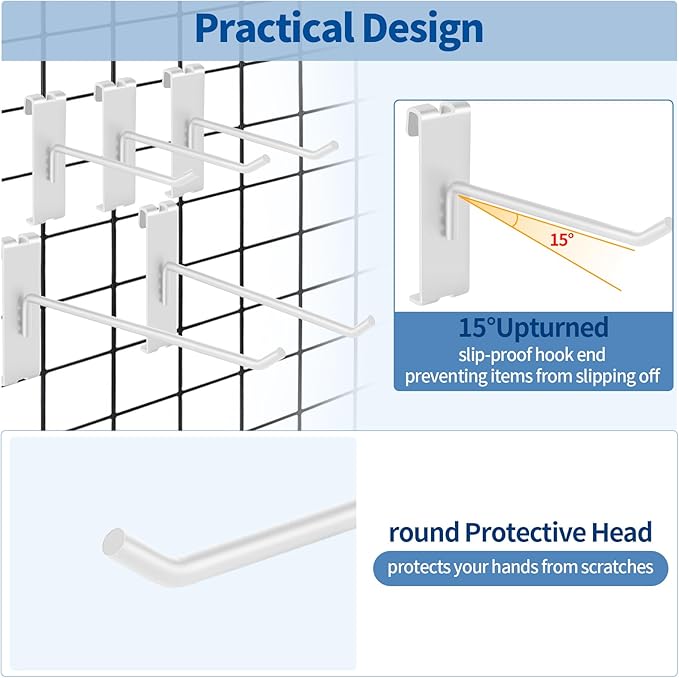 20Pcs Gridwall Hooks, Metal Grid Panel Hanging Peg Hooks, Grid Wall Accessory for Clothes Storage, Home Organization, Retail Display (White, 8"/20Cm)