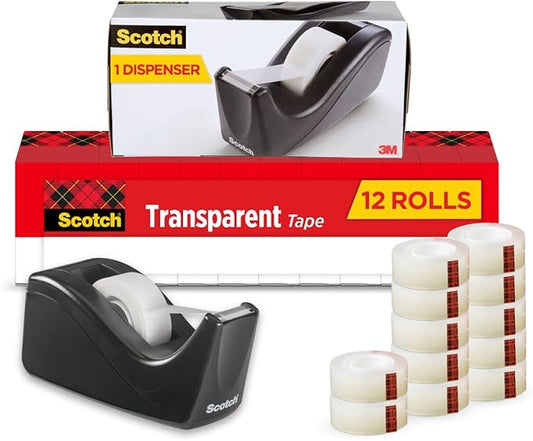 Scotch Transparent Tape with C60 Desktop Dispenser, Versatile, Cuts Cleanly, Engineered for Office and Home Use, 3/4 x 1000 Inches, Boxed, 12 Rolls, 1 Dispenser