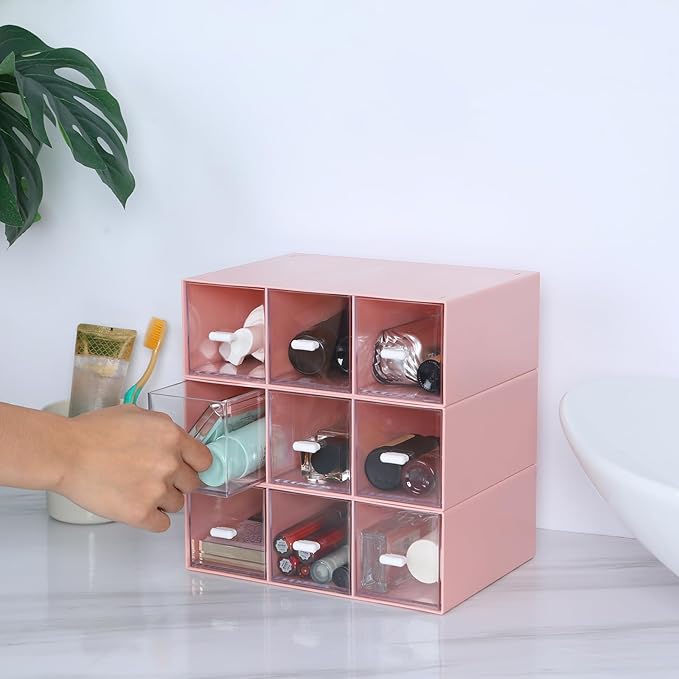 Desktop Drawers, Desk Organizer with 9 Drawers, Stackable Plastic Storage Box for Home Collection, Cosmetics, Jewelry, Office Supplies (3 Tiers, Pink)