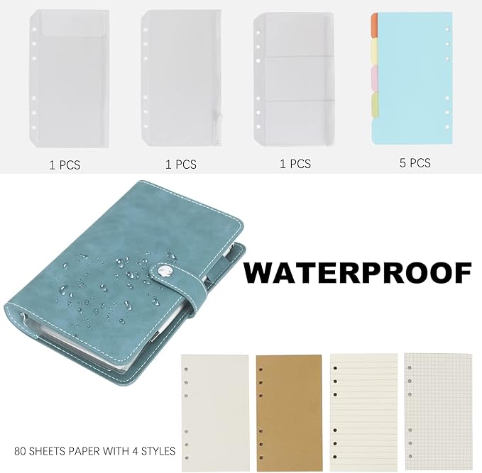 FYY A6 Binder Refillable Planner Notebook 6 Ring PU Leather Binder Journal with Pockets, Dividers, Refill Paper Blue