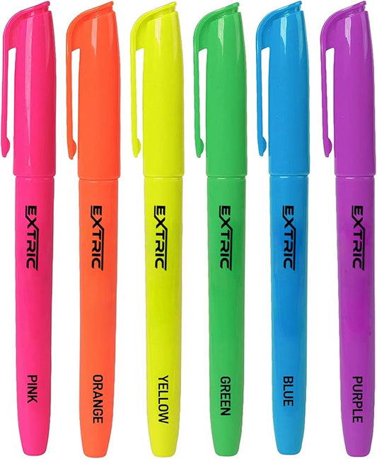 EXTRIC 6 Pack Highlighters, Fluorescent Assorted Colors, Quick Dry, Pen Style Chisel Tip highlighter marker, Smudge Free, Pocket Size