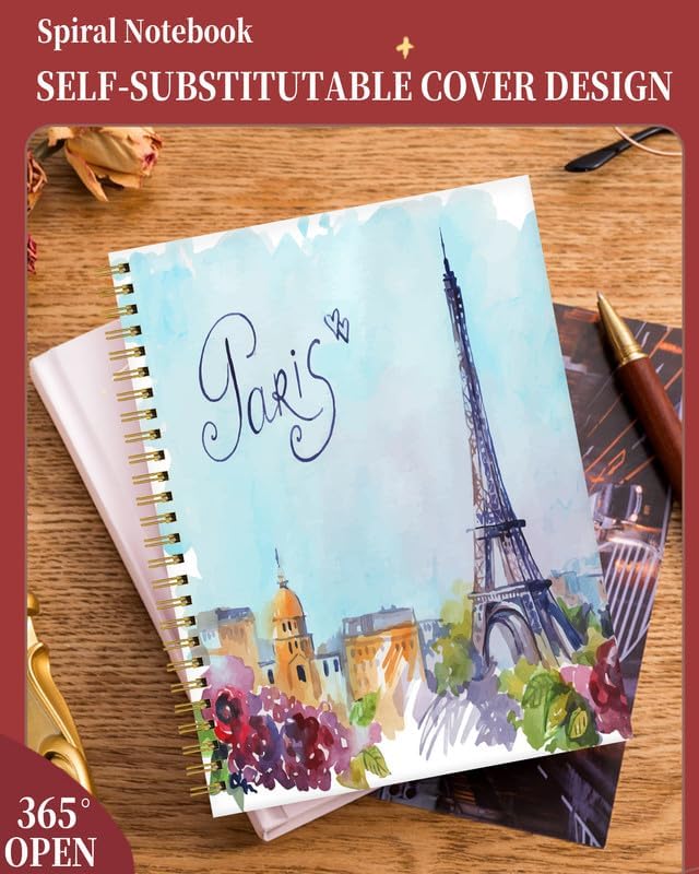 Spiral Journal Notebook for Women,A5 College Ruled Notebooks 6"x 8.4", 120 Pages (60 Sheets) Lined Journal with Premium Thick Paper,Perfect for School Office Home(Watercolor Paris Eiffel Tower)