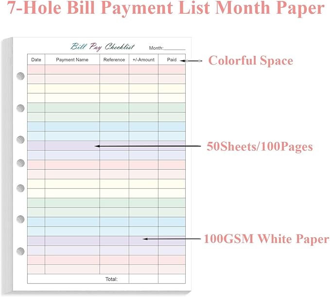 Payment Checklist Refills Paper for Mini 3 or 7 Ring Binders - 50 Sheets/100 Pages Colorful Monthly Budget Forms, 7 Hole Punched/Desk Size 4, 100 gsm White Paper, 5.8" x 8.3"