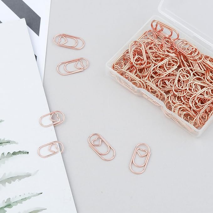 100 Pcs Love Heart Shaped Paper Clips, 0.78inch Cute Mini Paperclips for Office School Home Desk Organizers (Rose Gold)