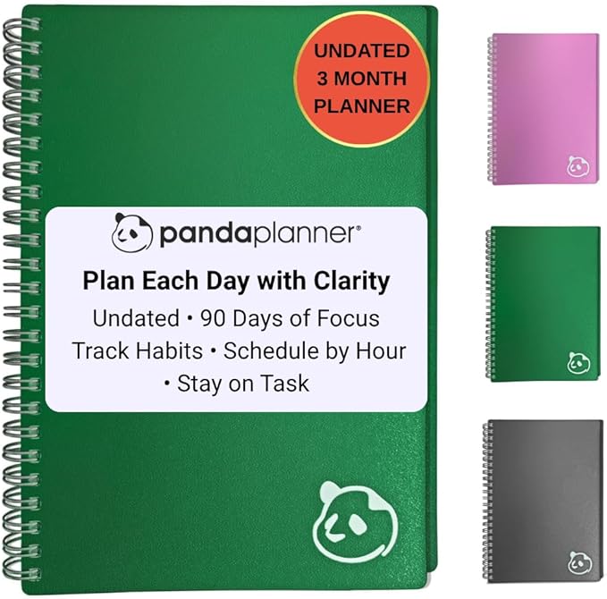 Panda Planner 2026 Undated Daily Planner 5.75" x 8.25" – 90-Day Spiral Productivity & ADHD Planner with Hourly Schedule, Habit Tracker, To-Do List & Monthly Calendar – Panda Journal for Home & Office (Green)