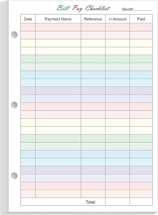 Half Letter Size Payment Checklist Refills for 3 Ring Mini Binder - 50 Sheets/100 Pages Colorful Monthly Budget Forms, 100 gsm White Paper, 5.8" x 8.3"