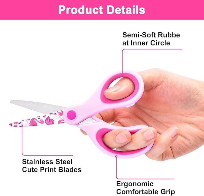 5" Kids Safety Scissors 3 Pack, Blunt-Tip Stainless Steel Blades (Print Design) & Ergonomic Comfort Handles, for Toddlers, Children, Small School Students, Craft Cutting Paper, Assorted Colors