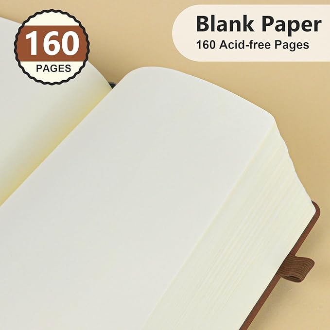 Blank Journal Ntebook for Men & Women, 160 Pages Blank Journals for Writing, Drawing,Sketch Book,5.9" x 8.5" Leather Sketchbook, Unlined Notebook for Work, School, Art (Brown)