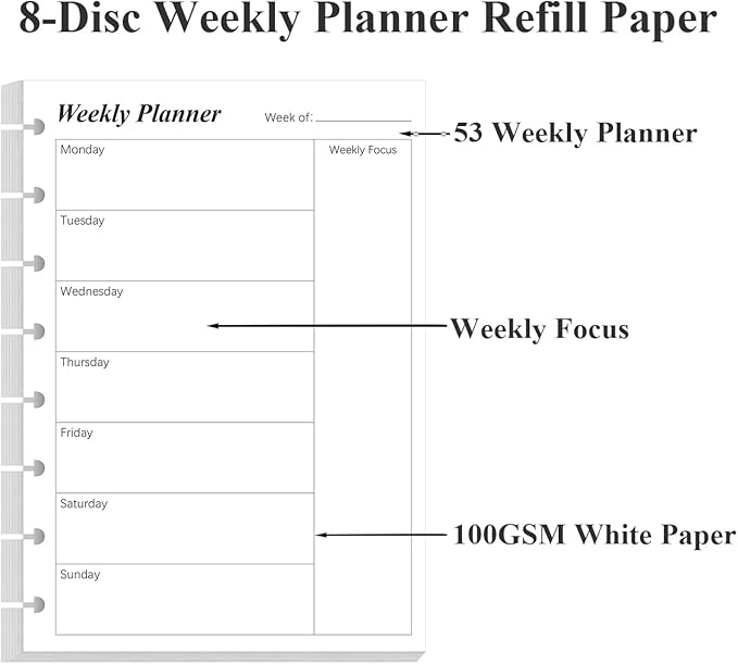 Weekly Planner Undated Refills - Junior Size 53 Sheets/106 Pages Weekly Planner for 8-Disc Discbound, 100 gsm White Paper, Lasts 1 Year, Undated, 5.8" x 8.3", Black