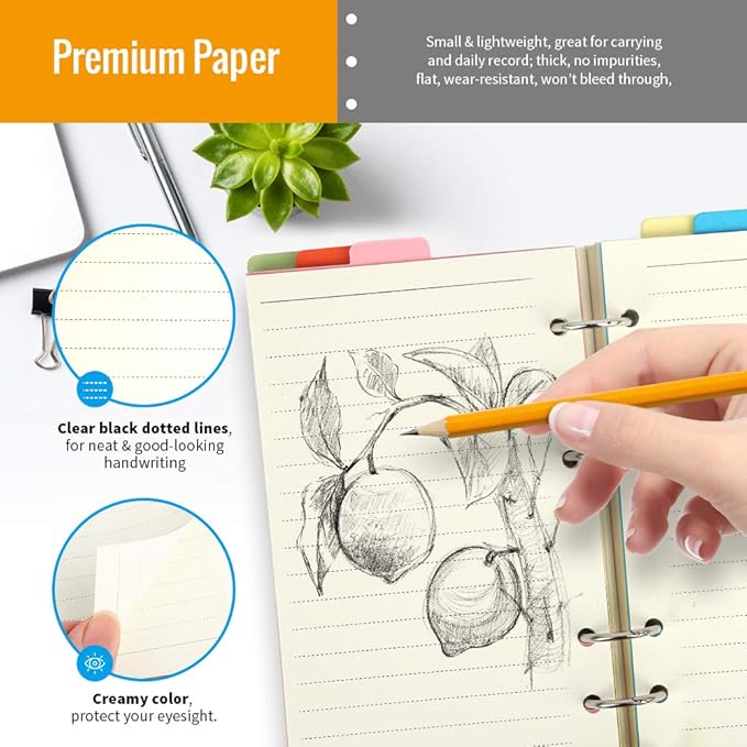 LEOBRO A6 Paper, Planner Inserts for A6 Binder, 6.73"x3.74" Lined Paper, with Binder Pockets & Dividers, for Refillable Notebook, Journal, Planner Refills