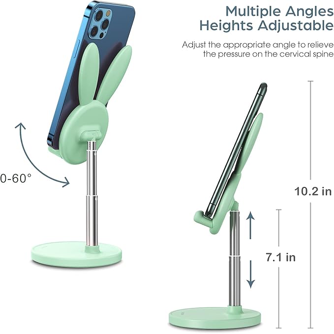 OATSBASF Cute Cell Phone Stand, Adjustable Bunny Phone Stand for Desk, Thick Case Friendly Holder Compatible with iPhone, Kindle, iPad, Switch, All Phones (Green)
