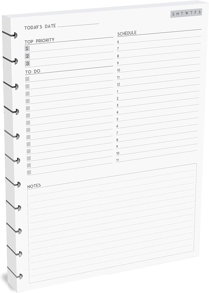 11-Disc Undated Daily Plan Paper Refill, 120 GSM, 50 Sheets (100 Pages/Days), Discbound Pre-Punched Inserts, Loose Leaf, White, 8.5 x 11 Inch, Daily To-Do, Notes, and Scheduling