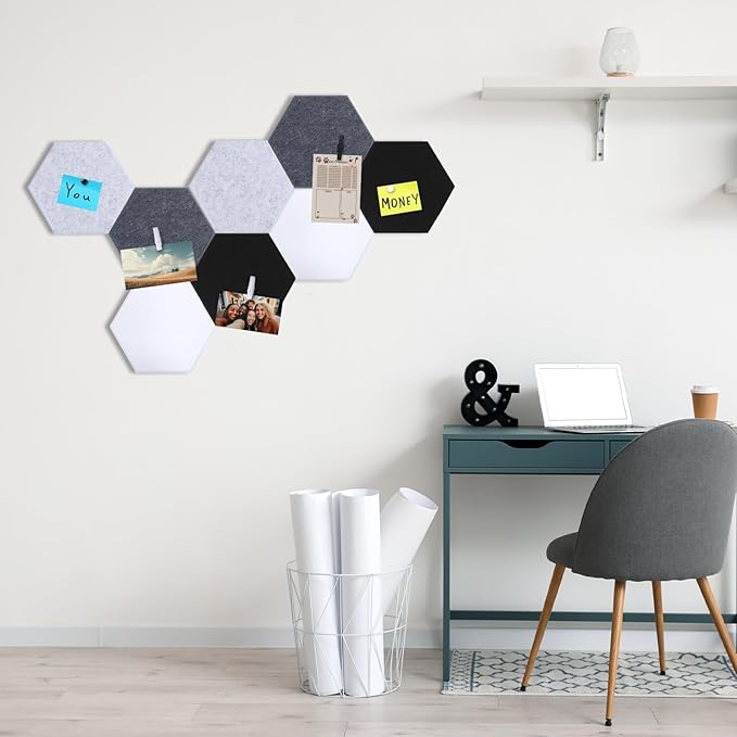 8 Pcs 12" Large Hexagon Felt Cork Board Tiles Self Adhesive DIY Bulletin Board Pin for Office Home Wall Decor Stickers Memos Photos Display with 10 Multi-Color Clip Drawing Pins(Black White)
