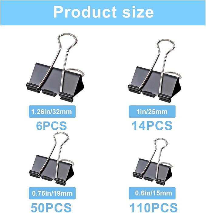 180 Pcs Binder Clips Assorted Sizes, Black Binder Paper Clips Office Clips Office Supplies, 4 Sizes Cute Binder Clips Large Medium Small Paper Clips Paper Clamps for Home School Business (Black)