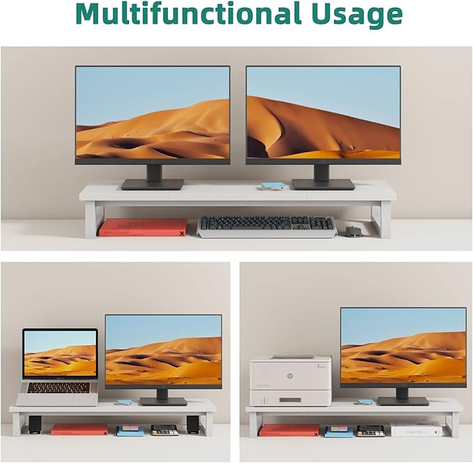 YAOHUOO Dual Monitor Stand Riser, 39Inch Large Monitor Stands for 2 Monitors, Computer Monitor Stand, Wooden Desktop Oraganizer Shelf for Office Desk Computer,Laptop,TV