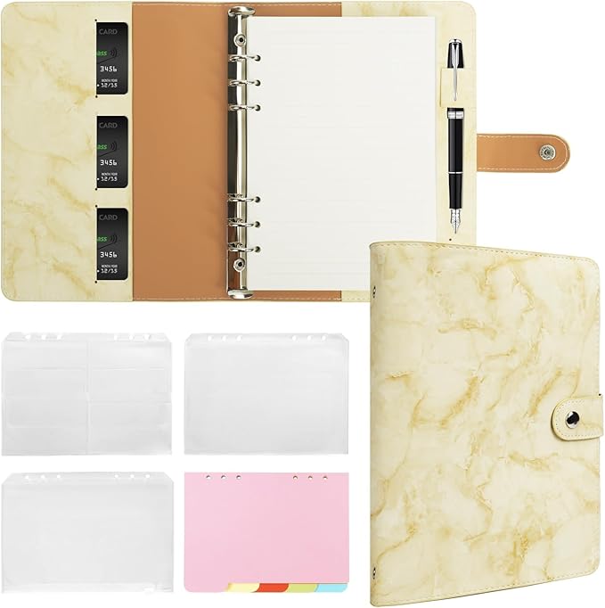 FYY A5 Binder Refillable Planner Notebook 6 Ring PU Leather Binder Journal with Pockets, Dividers, Refill Paper Marble Yellow