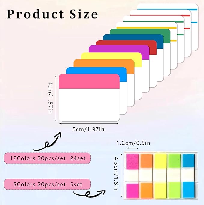 580 Pcs Sticky Index Tabs, 2 Inch Writable Page Markers, Colorful Repositionable Self-Adhesive Tabs for Books, Binders, Notebooks, File Folders and Classifying Documents (25 Sheets 12 Colors)