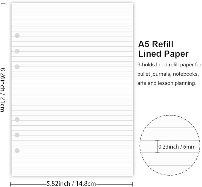 (3-Pack) A5 Lined Refills Paper for Filofax Planner/Binders/Organizer, 6 Hole Punched Loose Leaf Paper, Total 300 Sheets/600 Pages, 100gsm, White, 148 x 210mm