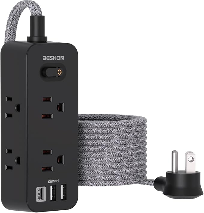 Black Power Strip Surge Protector, BESHON 5Ft Extension Cord, 6 Outlets with 3 USB Ports(1 USB C Outlet), 3-Side Outlet Extender, Wall Mount, Compact for Travel, Home, College Dorm Room, and Office