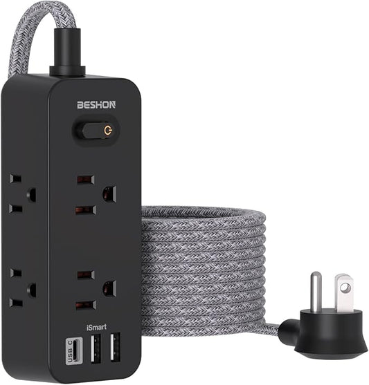 Black Power Strip Surge Protector, BESHON 5Ft Extension Cord, 6 Outlets with 3 USB Ports(1 USB C Outlet), 3-Side Outlet Extender, Wall Mount, Compact for Travel, Home, College Dorm Room, and Office