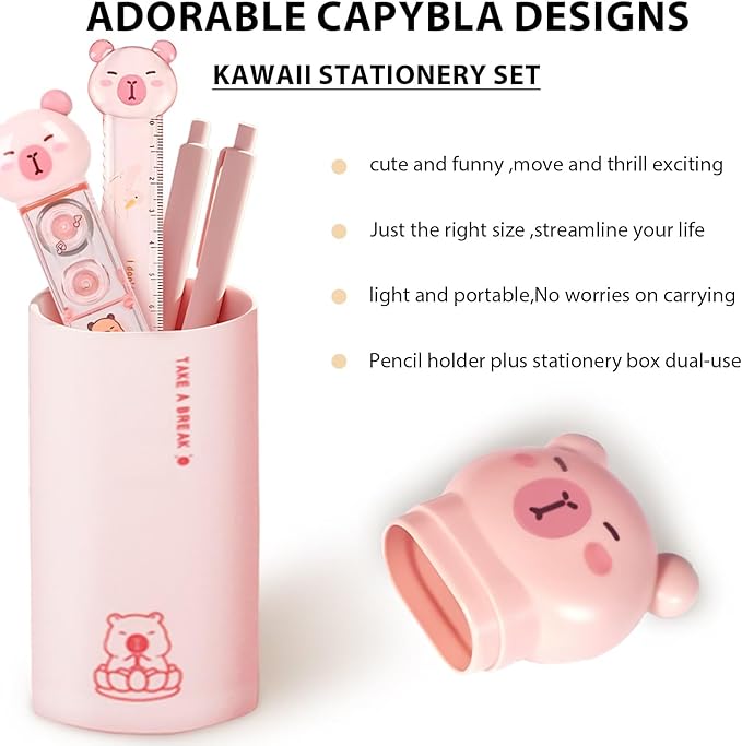 Cute Pink Capybara School Supplies,Capybara Stationary Gift Set,Kawaii Japanese Stationery Birthday GIFS, Includes Pencil Sharpener,Eraser,Correction Tape,Stickers,Ruler,for Office School Supplies