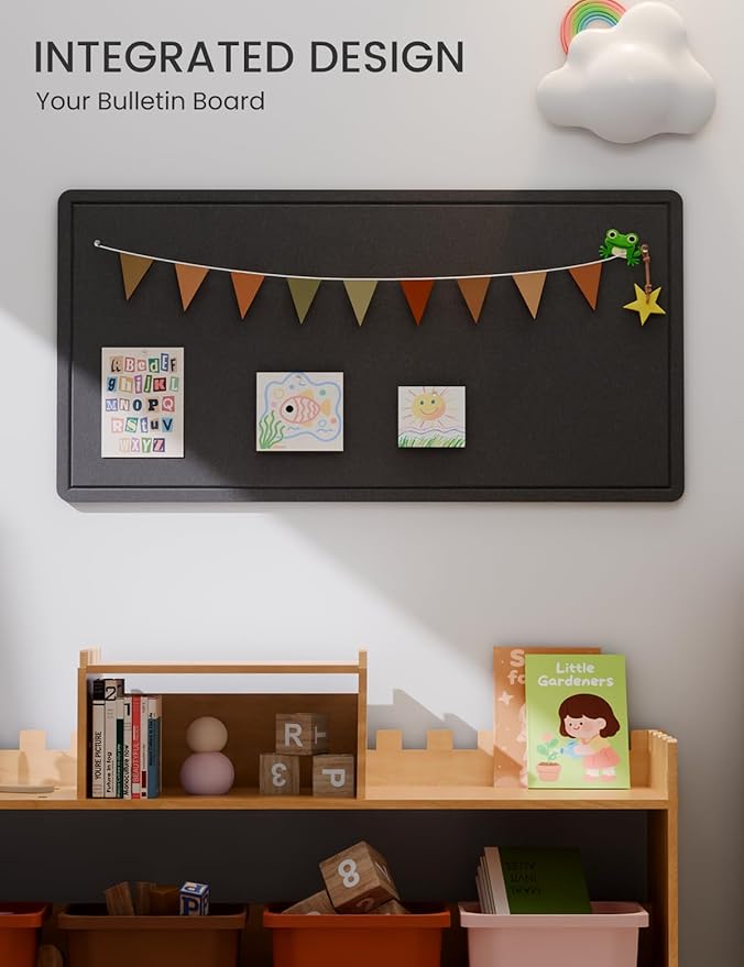 Fluxynara Bulletin Board, 35" x 17.5" Cork Board Alternative with 12 Safe Removable Adhesive Tabs, Foldable Felt Pin Board for Home Office, Classroom, Bedroom,Entryway for Walls— Black