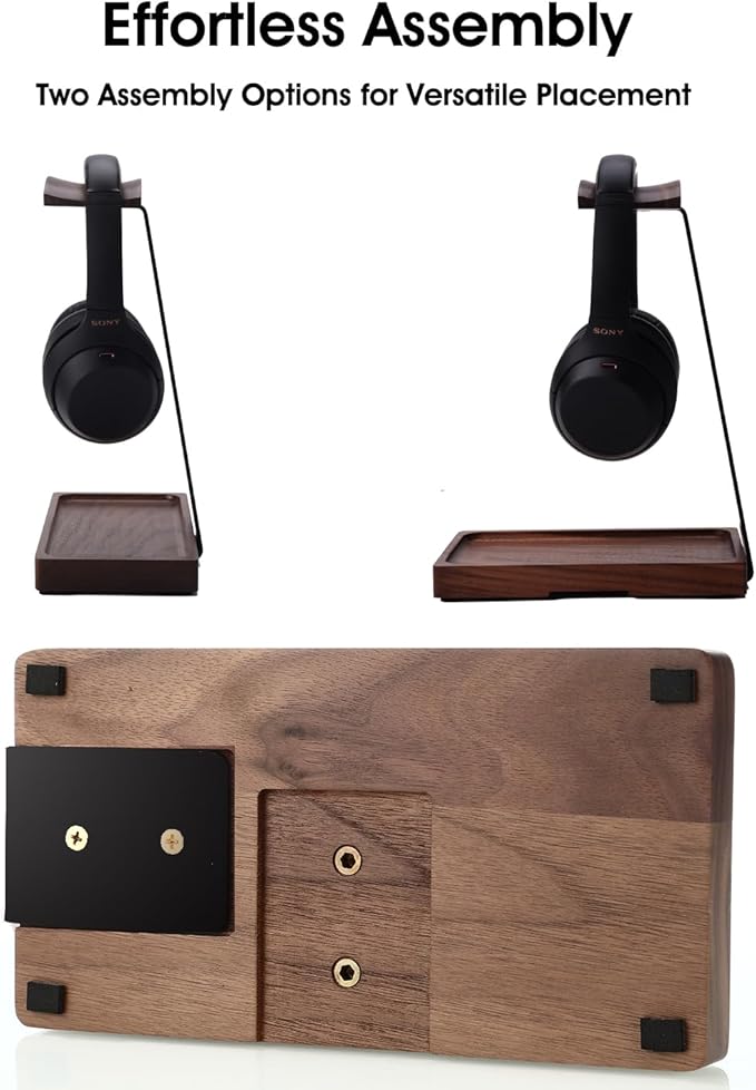 Walnut Headphone Stand, Wood Headset Stand for Desk, Wooden Universal Headphone Holder with Storage Base for Gaming, AirPods Max, Bose,Razer, Sennheiser (Black)