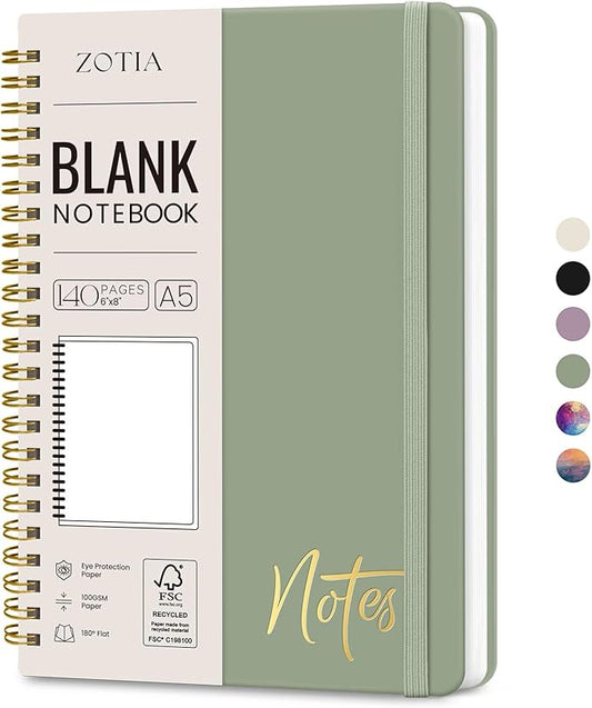 Blank Spiral Journal Notebook for Women, A5 Blank Notebook Journals for Writing, Hardcover Notebooks for Work, Note taking and Office School Supplies,140 Pages - Green