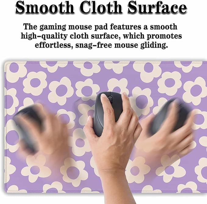 Gaming Mousepad Purple Girl Boss Office Decor Desktop Mats Desk Stuff for Woman Large Mouse Pad XXL Mats Non-Slip Rubber Base 35.4" X 15.7" for Game Office, Vintage Groovy Flowers