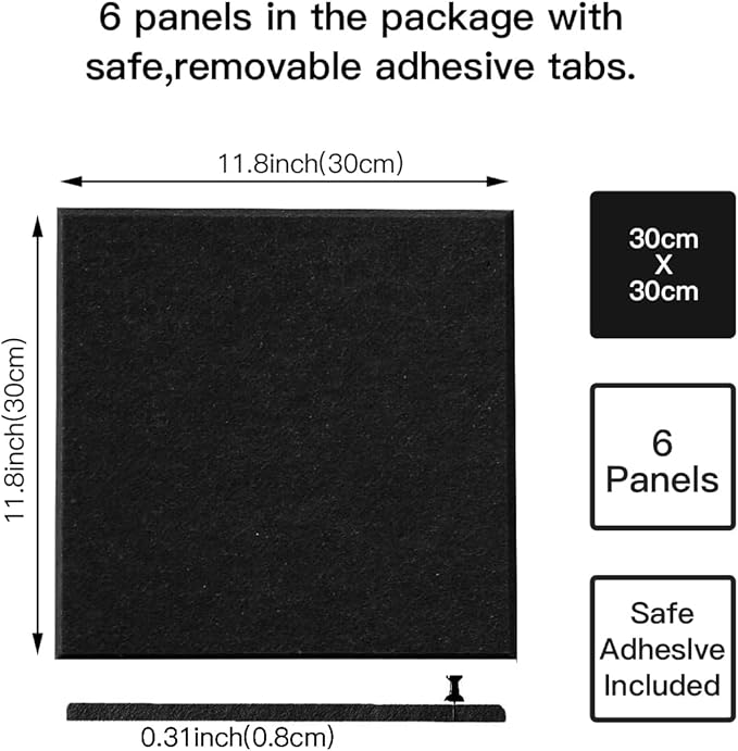 Large Cork Board Alternative, 11.8''x11.8'' 6 Pack Felt Bulletin Board with Safe Removable Adhesive Tabs, Connectable Felt Wall Tiles Bulletin Boards Cork Boards for Walls Pin Board Tack Board-Black