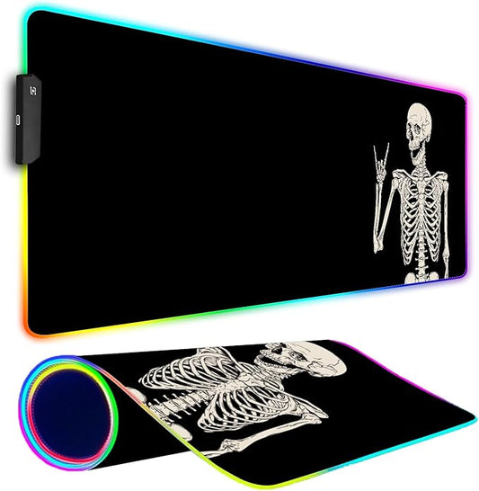 RGB Gaming Mouse Pad, Large Mousepad with Led Light, Big Keyboard Pad Gaming Accessories for Desk, Non-Slip Rubber Base Black Human Skeleton Mouse Mat for Gamer, 31.5 X 11.8 Inch