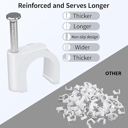 LeMotech Cable Clips, 200pcs 12mm Wire Wall Clips with Steel Nails, Coax Cable Clips Speaker Wire Clips for Cord Management RG11 10AWG CAT7 CAT8 Ethernet Cable Clamps, White