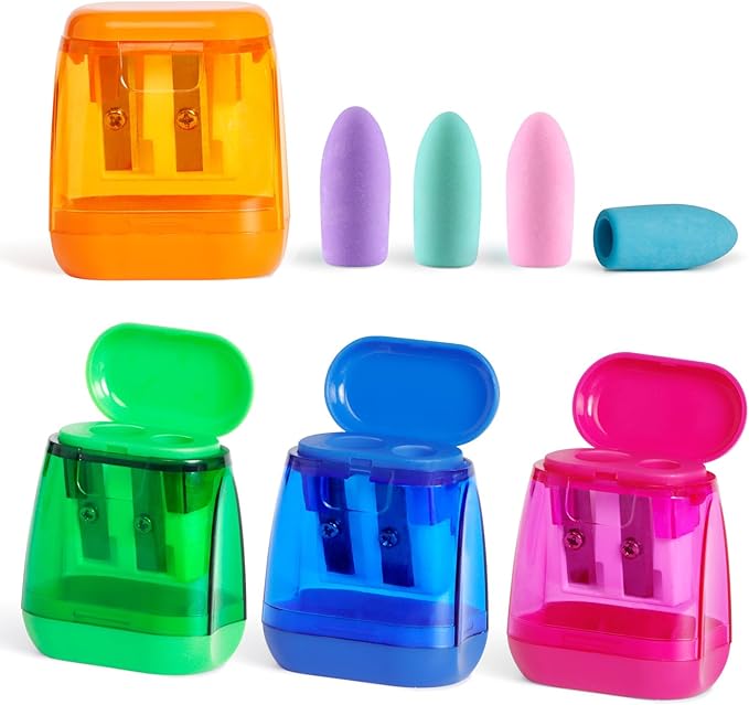 Pencil Sharpeners, Aipker Manual Sharpeners & Pencil Top Eraser Set for Colored Pencils, Colorful Protable Dual Holes Pencil Sharpener with Lid for Kids, Audlts, Artists, Classroom, School & Office