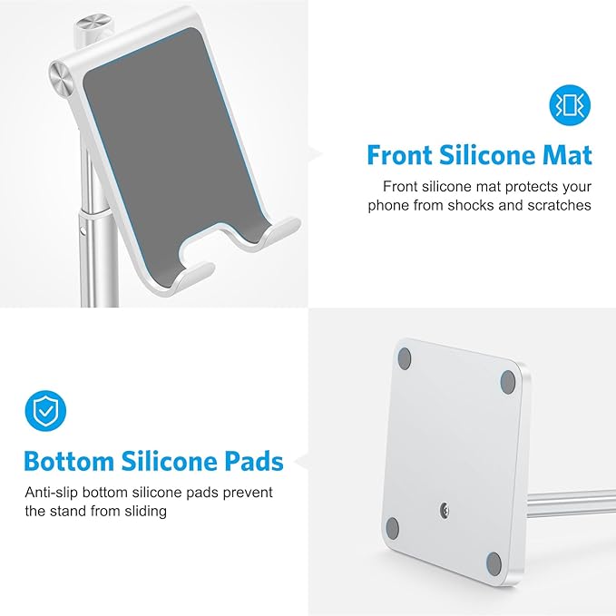 OMOTON Cell Phone Stand, Adjustable Angle Height Desk Phone Dock Holder for iPhone Air 17 Pro Max/Plus/XS/XR, Samsung Galaxy S20 / S10 / S9 / S8 and Other Phones (3.5-7.0-Inch),Silver