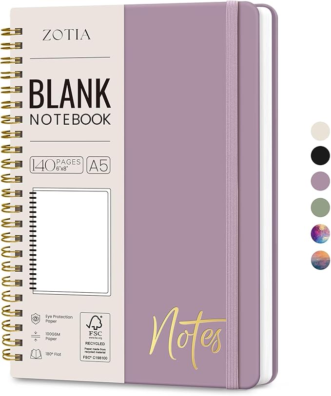 Blank Spiral Journal Notebook for Women, A5 Blank Notebook Journals for Writing, Hardcover Notebooks for Work, Note taking and Office School Supplies,140 Pages - Purple